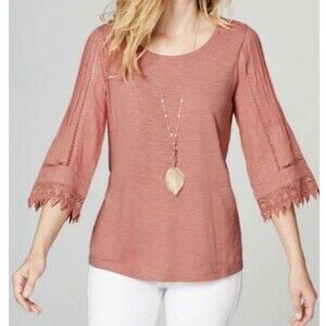 J Jill Tops Womans XL Pink Pintuck Crochet Casual Beach Coastal Grandma Boho